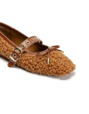 bliss altın kapsül toka detaylı fiyonklu peluş kadın babet - taba 3