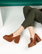 tower platform topuklu,vegan deri,topuklu ayakkabı taba